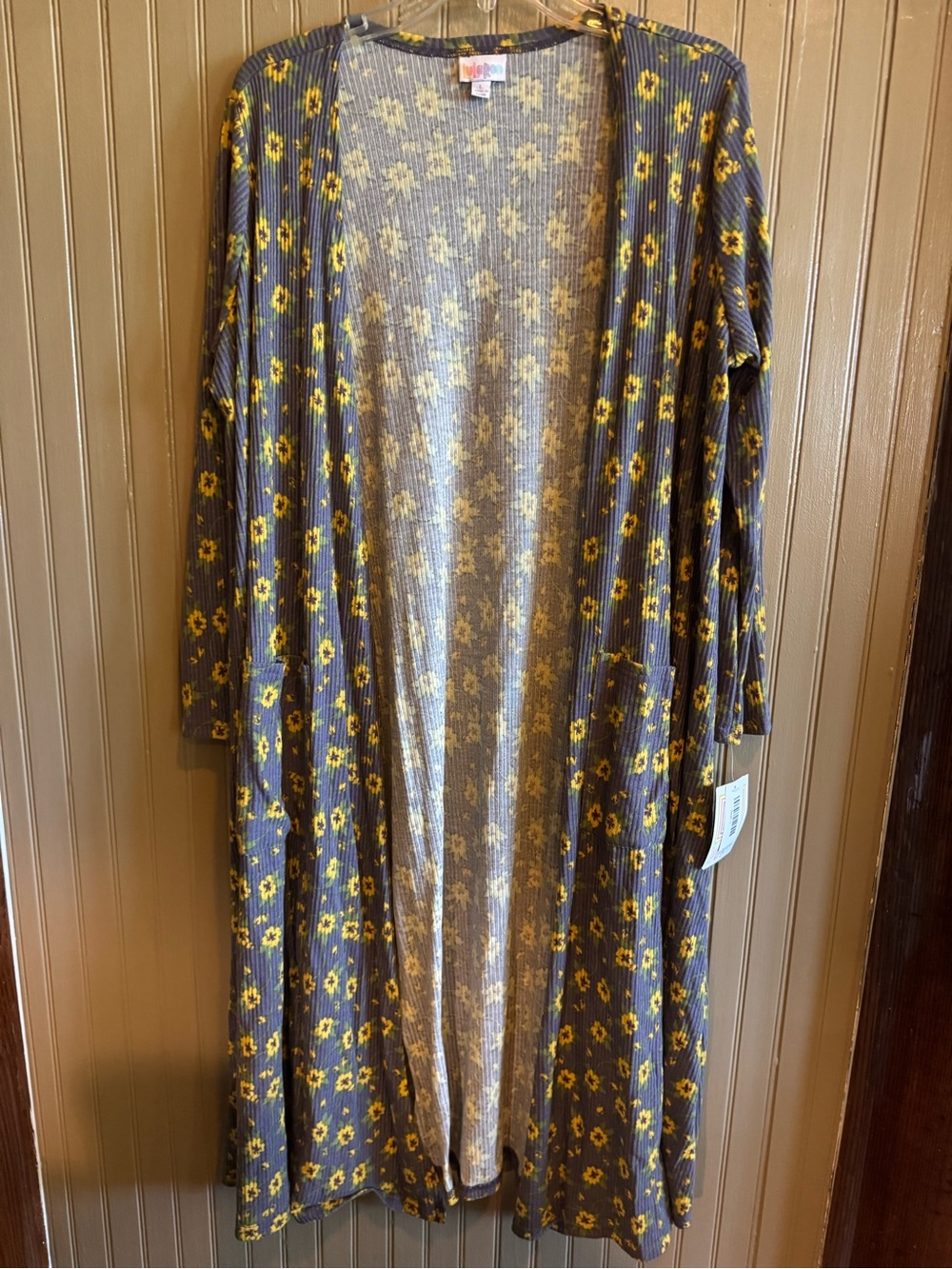 NWT LuLaRoe Sarah Blue Floral Ribbed Duster with Yellow Flowers large